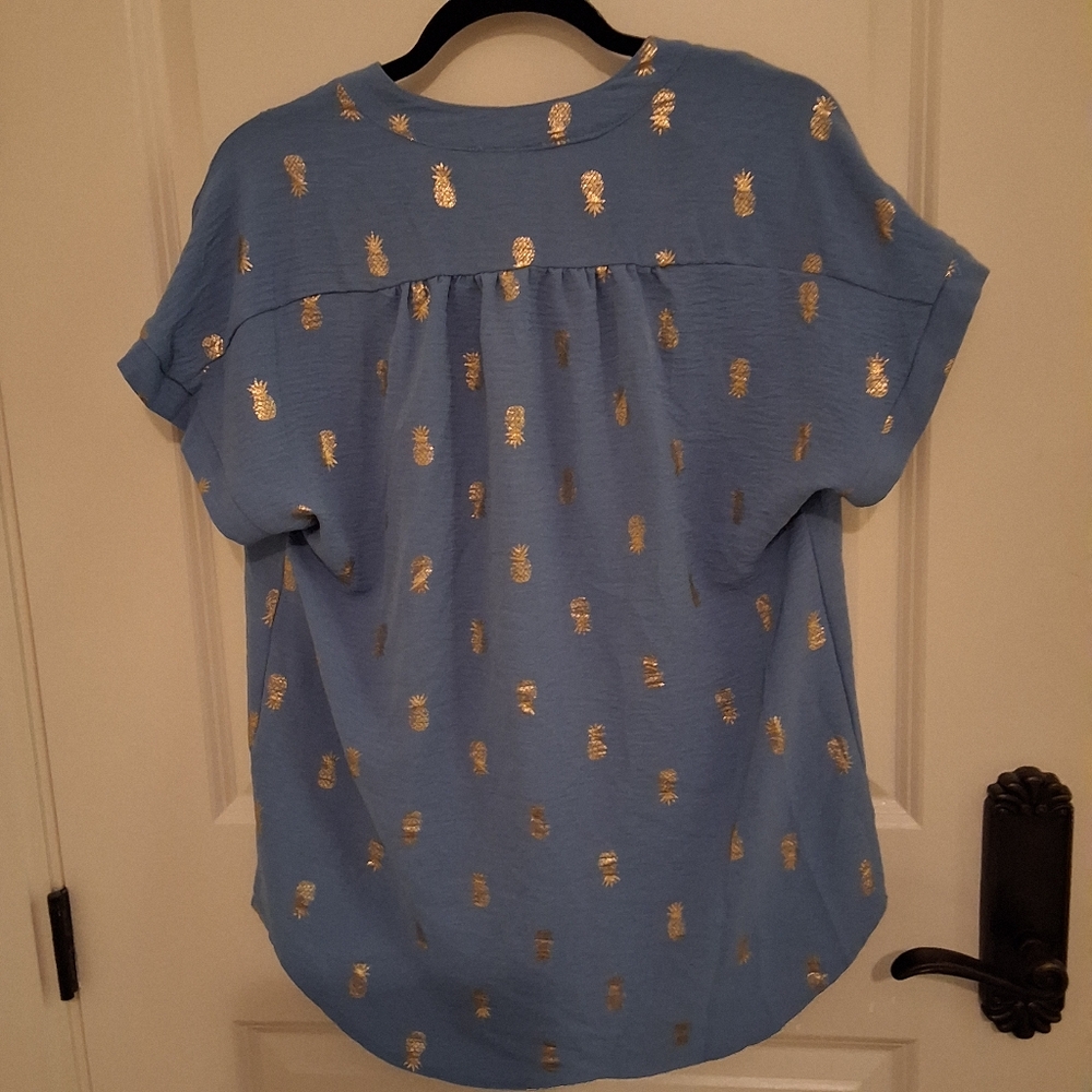 Chenault Blue Blouse with Gold Pineapple Print - Picture 4 of 6